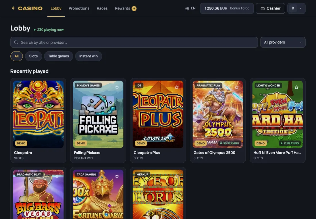 PRIF casino platform by Prifinance: player lobby with game categories, provider filter, balance, cashier and rewards